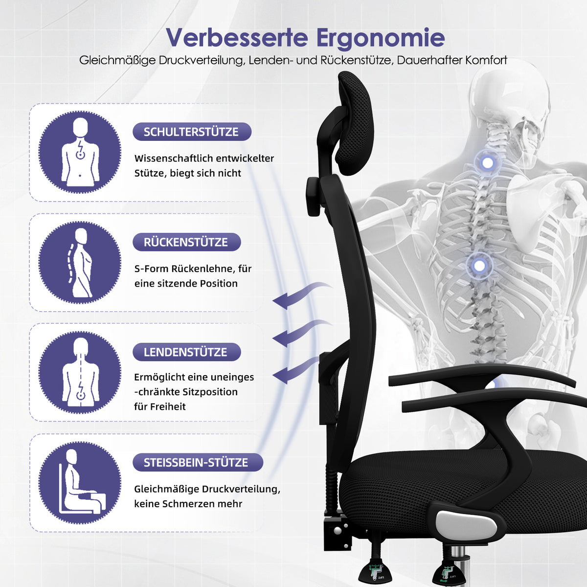 GTIMEX Bürostuhl, Schreibtischstuhl Bürostuhl ergonomisch, höhenverstellbare Rückenlehne, Drehstuhl mit Verstellbarer Kopfstütze, Bürostuhl Wippfunktion bis 135°, Atmungsaktiv, Chefsessel 130 kg Belastbar