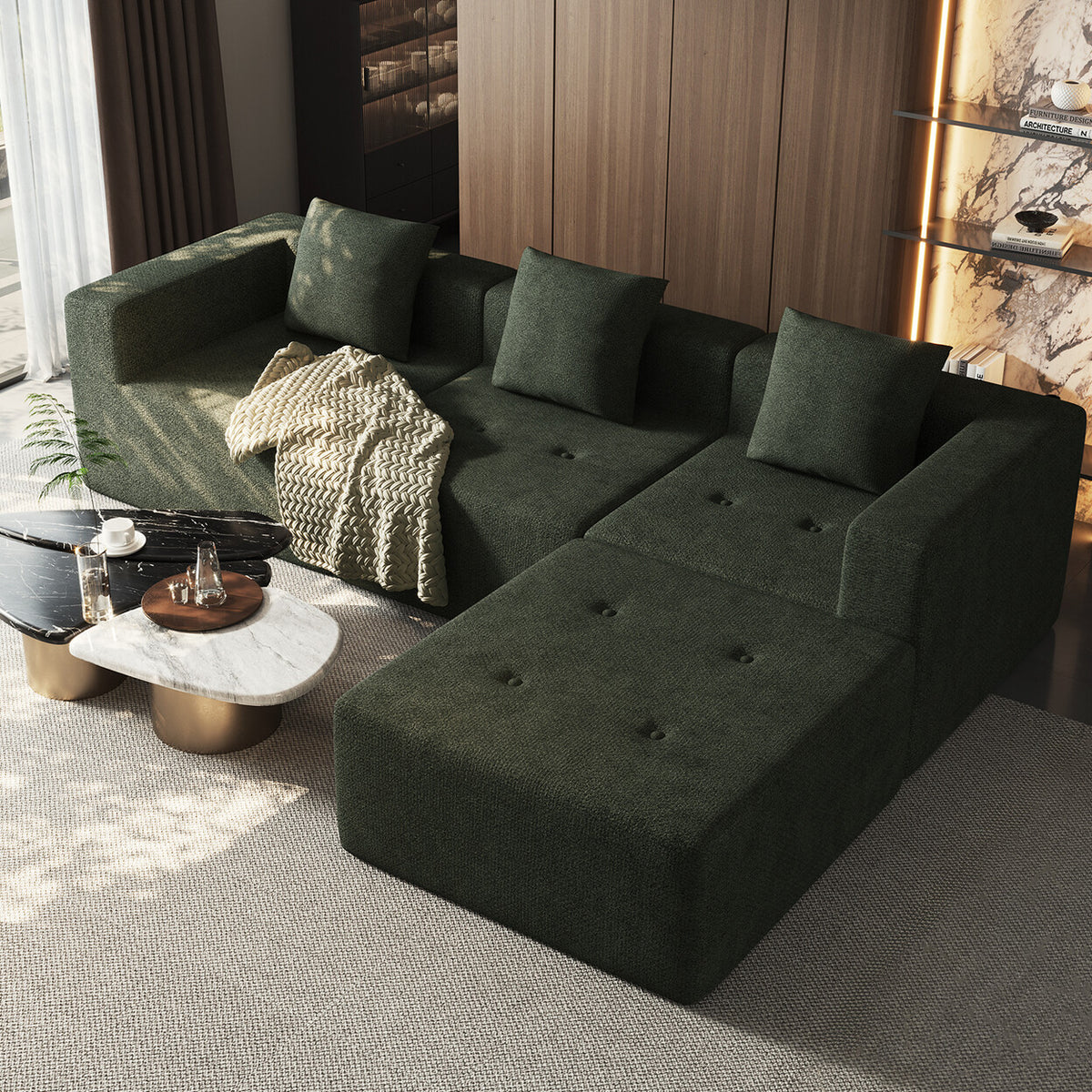 GTIMEX Ecksofa mit Federkern, Formstabil, B: 258,5 cm Schlafsofa mit großer Chaiselongue & 3 dekorativen Kissen, Chenille-Optik, keine Montage erforderlich, Army Green