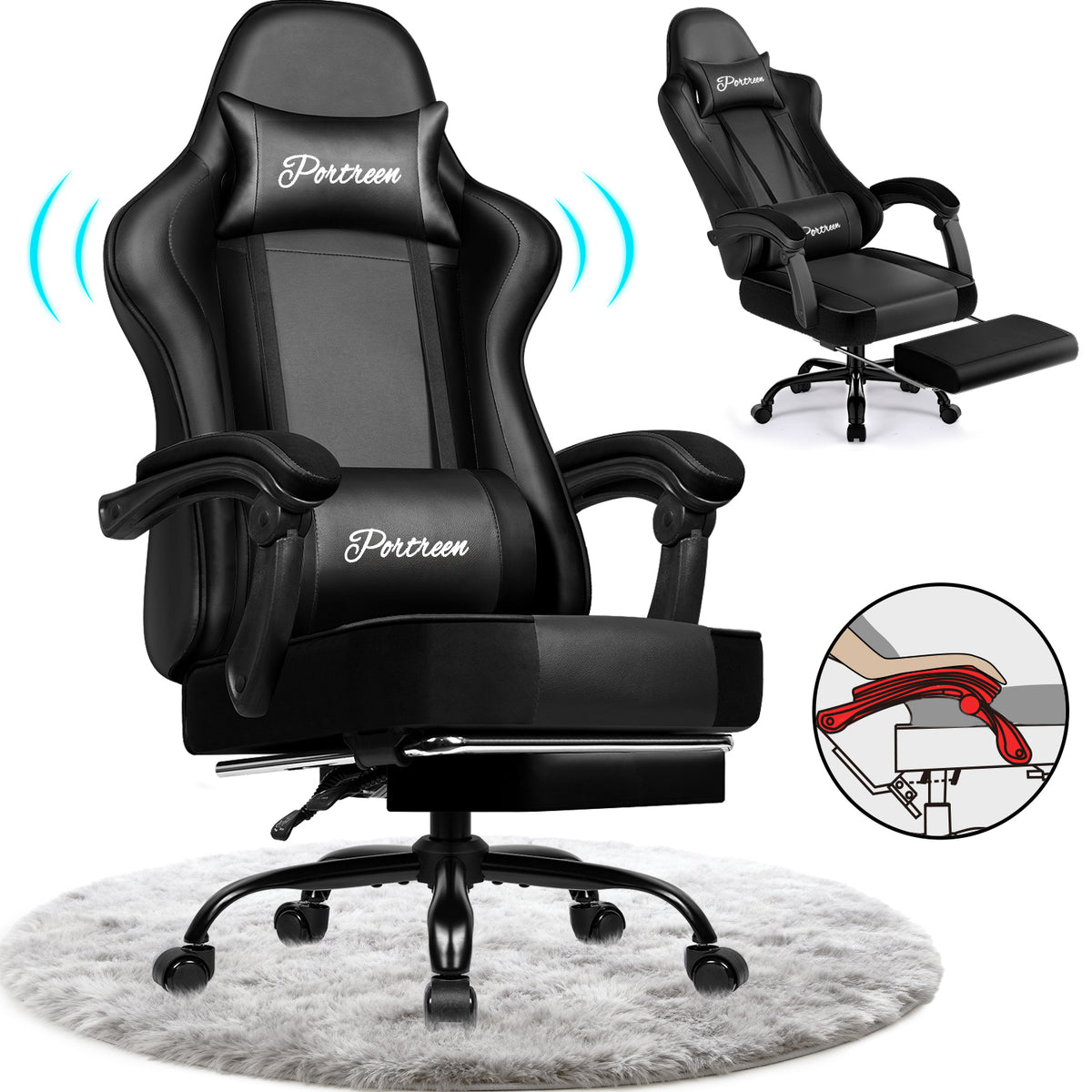 GTIMEX Gamingstuhl mit ausziehbarer Fußstütze – Schwarz