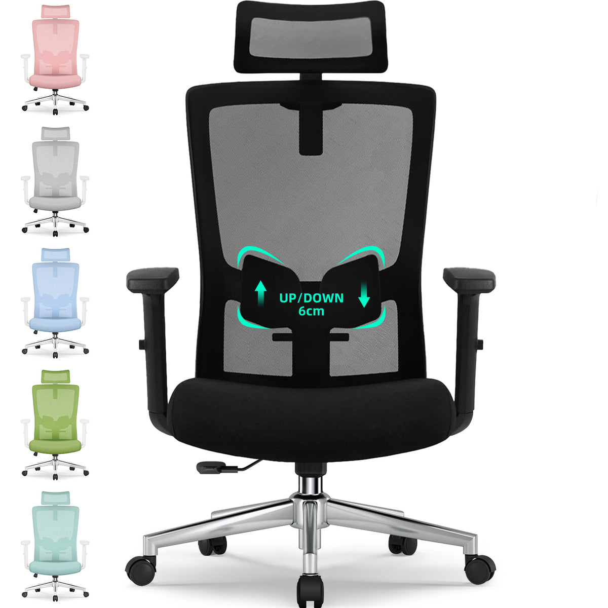 GTIMEX Bürostuhl Ergonomisch, Ergonomischer Bürostuhl mit Verstellbarer Lendenwirbelstütze, Armlehnen und Kopfstütze, Drehstuhl Bürostuhl 150 kg, Schreibtischstuhl Chefsessel Wippfunktion bis 135°