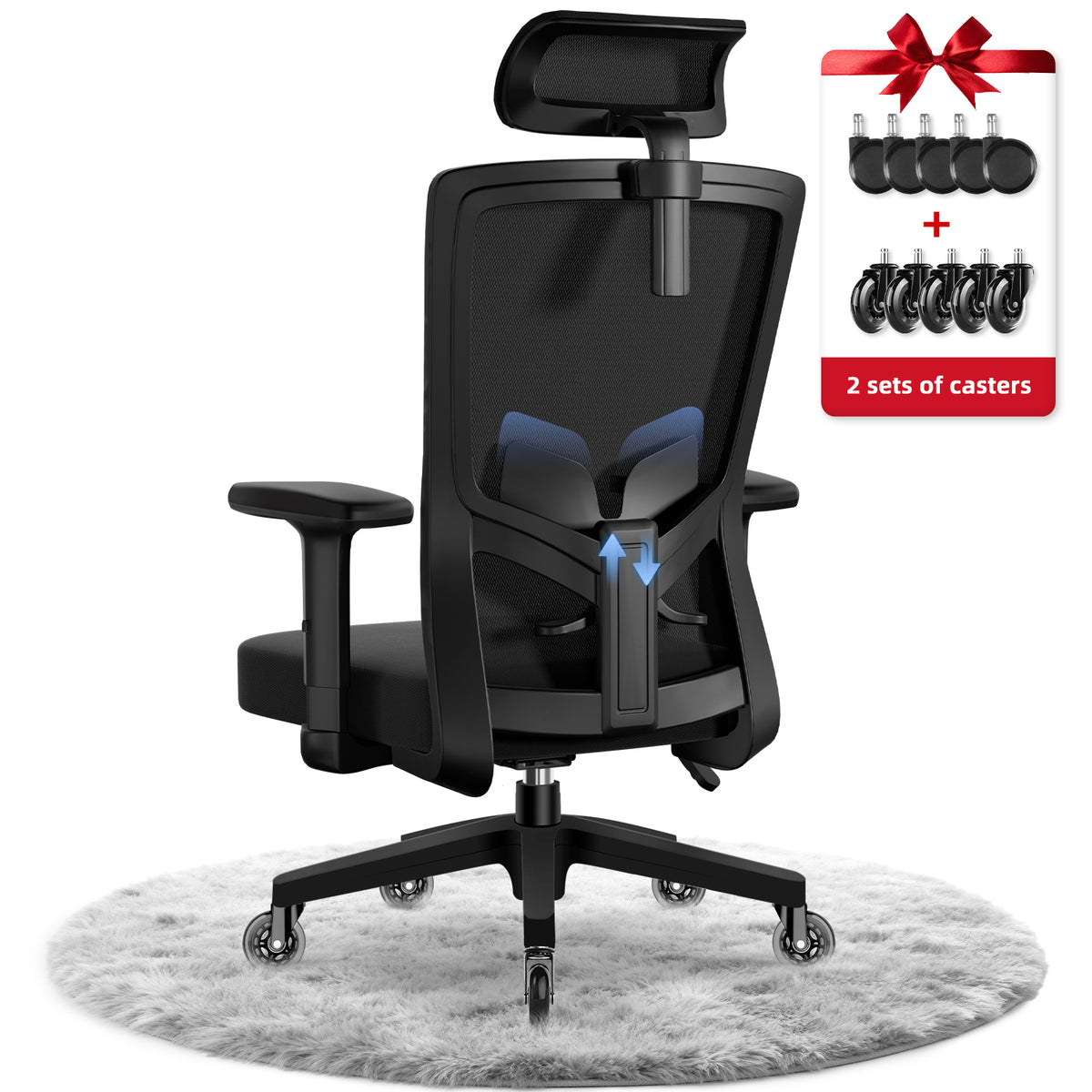 GTIMEX Bürostuhl Ergonomisch, Schreibtischstuhl mit Verstellbarer Kopfstütze, Armlehnen, Lendenwirbelstütze, Drehstuhl Wippfunktion, Chefsessel aus Mesh,Rückenschonend, Bürostuhl 150kg