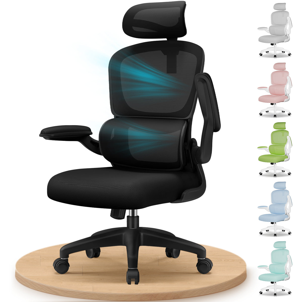 GTIMEX Bürostuhl, Bürostuhl Ergonomisch mit Verstellbarer Kopfstütze, Lendenwirbelstütze und Klappbaren Armlehnen, Chefsessel150 kg, Ergonomischer Stuhl Wippfunktion bis 135°,Schwarz