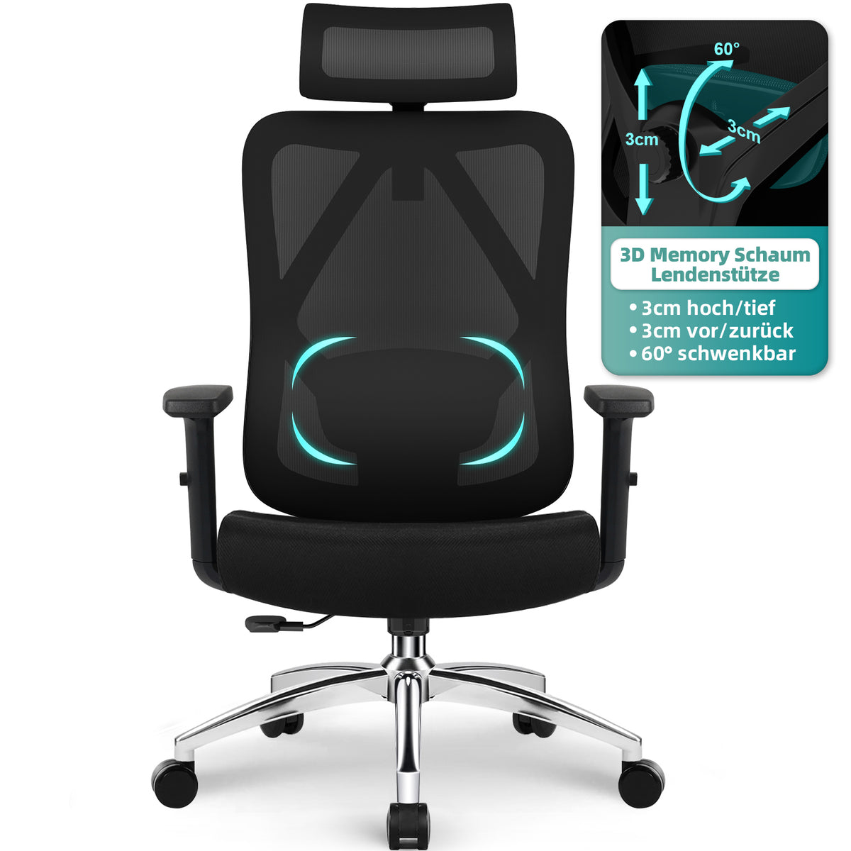 GTIMAX Bürostuhl ergonomisch, Schreibtischstuhl 3D Memory-Schaum Lendenstütze,Wippfunktion bis 135°, Bis 200kg Belastar, Atmungsaktiv Mesh, Höhenverstellbarer Chefsessel Drehstuhl