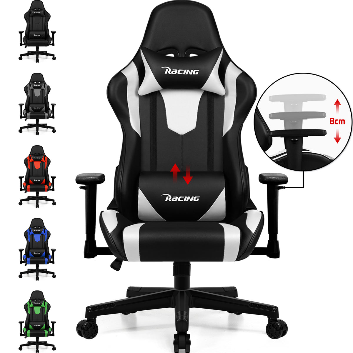 GTIMEX Gaming Stuhl, Bürostuhl Ergonomisch mit verstellbare Lendenkissen, Kopfkissen und Armlehnen,Gaming Chair Gepolstert,Gamer Stuhl Wippfunktion,Gaming Stuhl 150 kg Belastbarkeit