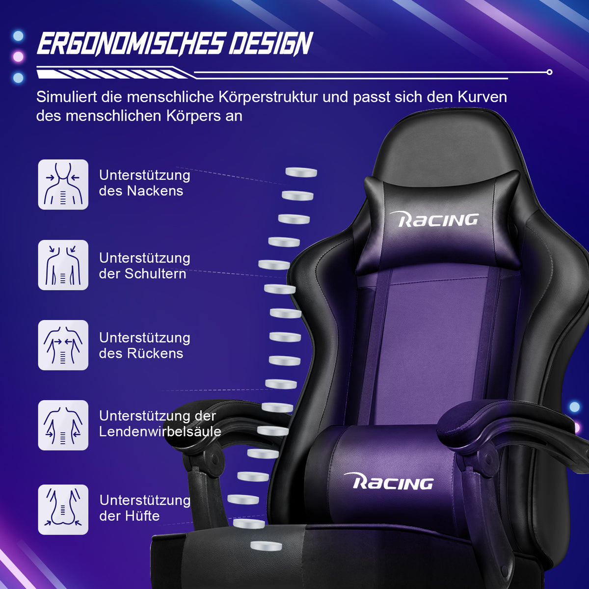 GTIMEX Gamingstuhl mit ausziehbarer Fußstütze – Schwarz