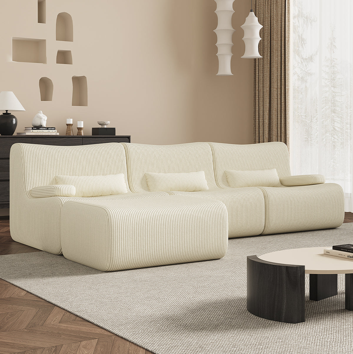 GTIMEX Ecksofa mit Schlaffunktion 250 x 170 x 76 cm, L-förmige Couch aus Cord,Memory-Schaumstoff, Tiefer Sitzfläche, Modulares Sofa mit Chaiselongue für Wohnzimmer und Schlafzimmer,Beige